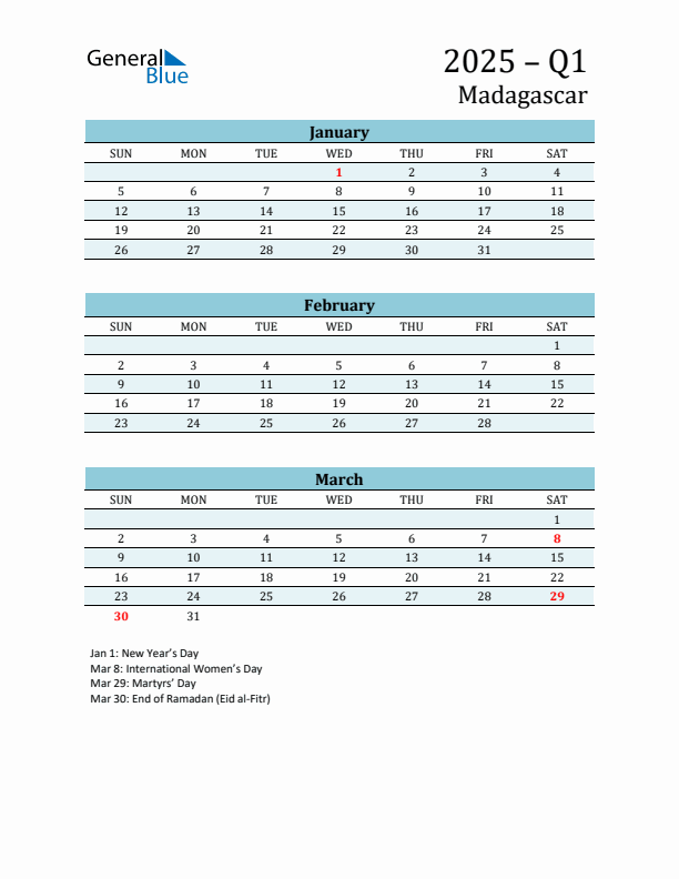 Three-Month Planner for Q1 2025 with Holidays - Madagascar