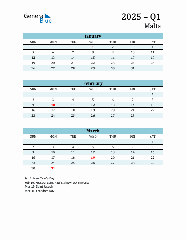 Three-Month Planner for Q1 2025 with Holidays - Malta