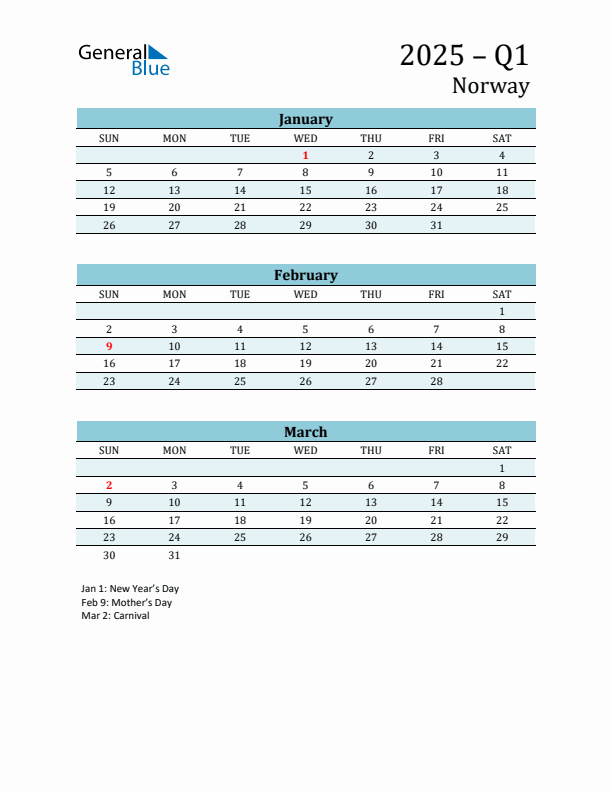Q1 2025 Quarterly Calendar with Norway Holidays