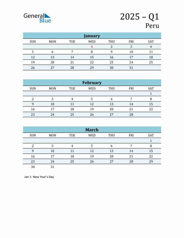 Three-Month Planner for Q1 2025 with Holidays - Peru