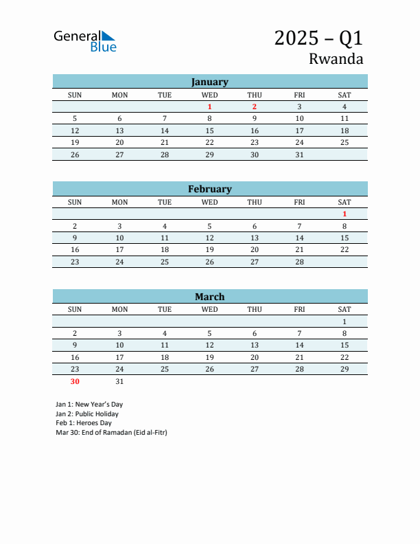 Three-Month Planner for Q1 2025 with Holidays - Rwanda