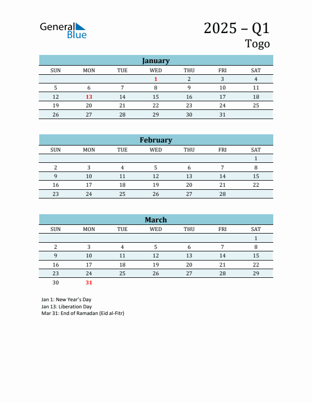 Three-Month Planner for Q1 2025 with Holidays - Togo