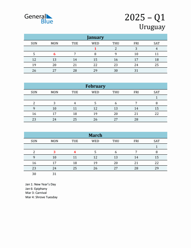 Three-Month Planner for Q1 2025 with Holidays - Uruguay