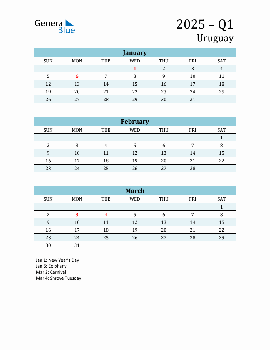 ThreeMonth Planner for Q1 2025 with Holidays Uruguay