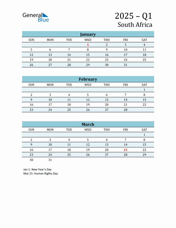 Three-Month Planner for Q1 2025 with Holidays - South Africa