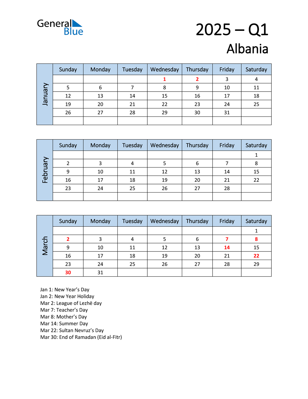  Free Q1 2025 Calendar for Albania