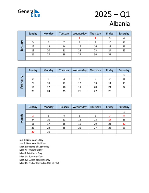  Free Q1 2025 Calendar for Albania