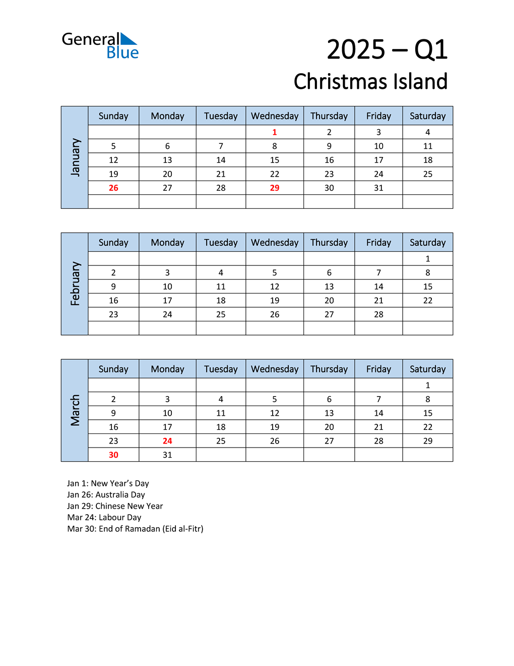  Free Q1 2025 Calendar for Christmas Island