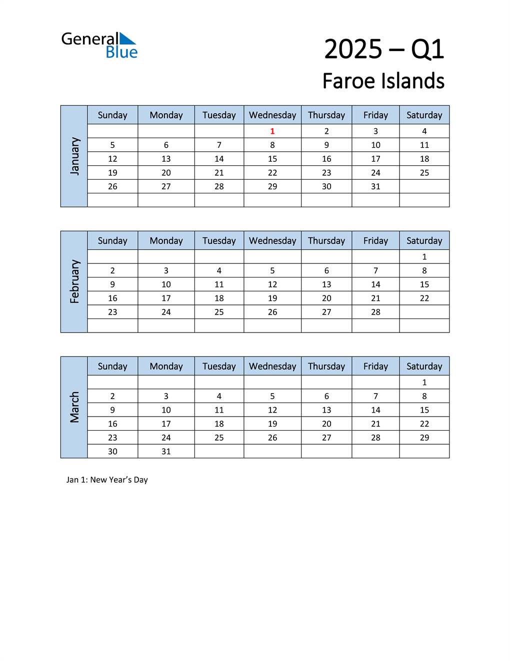 Free Q1 2025 Calendar for Faroe Islands