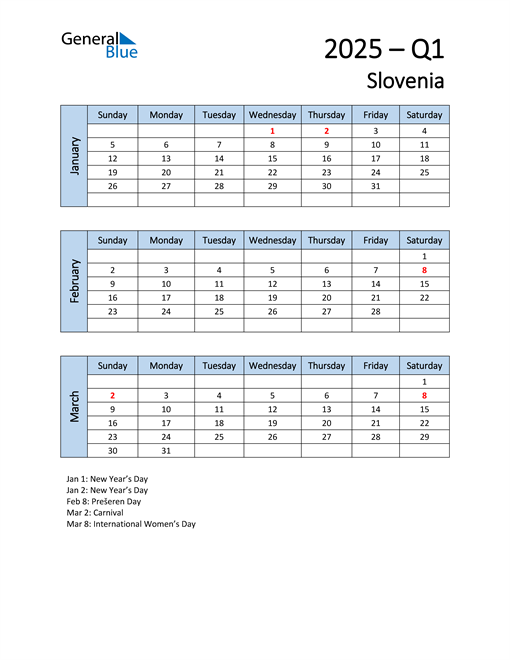  Free Q1 2025 Calendar for Slovenia