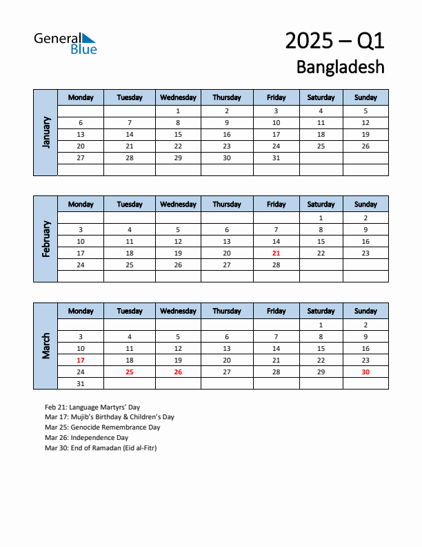 Free Q1 2025 Calendar for Bangladesh - Monday Start
