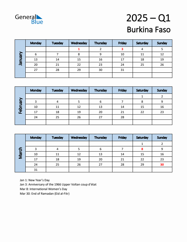 Free Q1 2025 Calendar for Burkina Faso - Monday Start