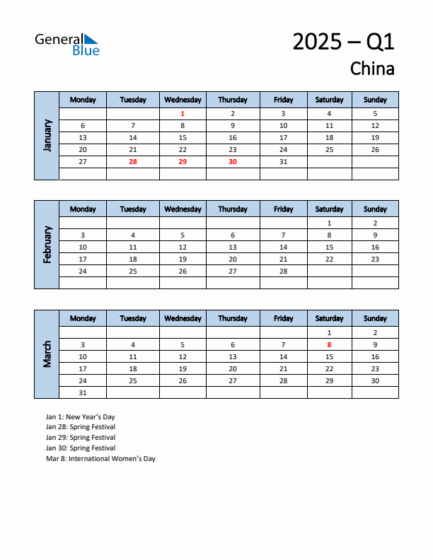 Free Q1 2025 Calendar for China - Monday Start