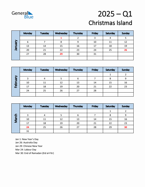 Free Q1 2025 Calendar for Christmas Island - Monday Start
