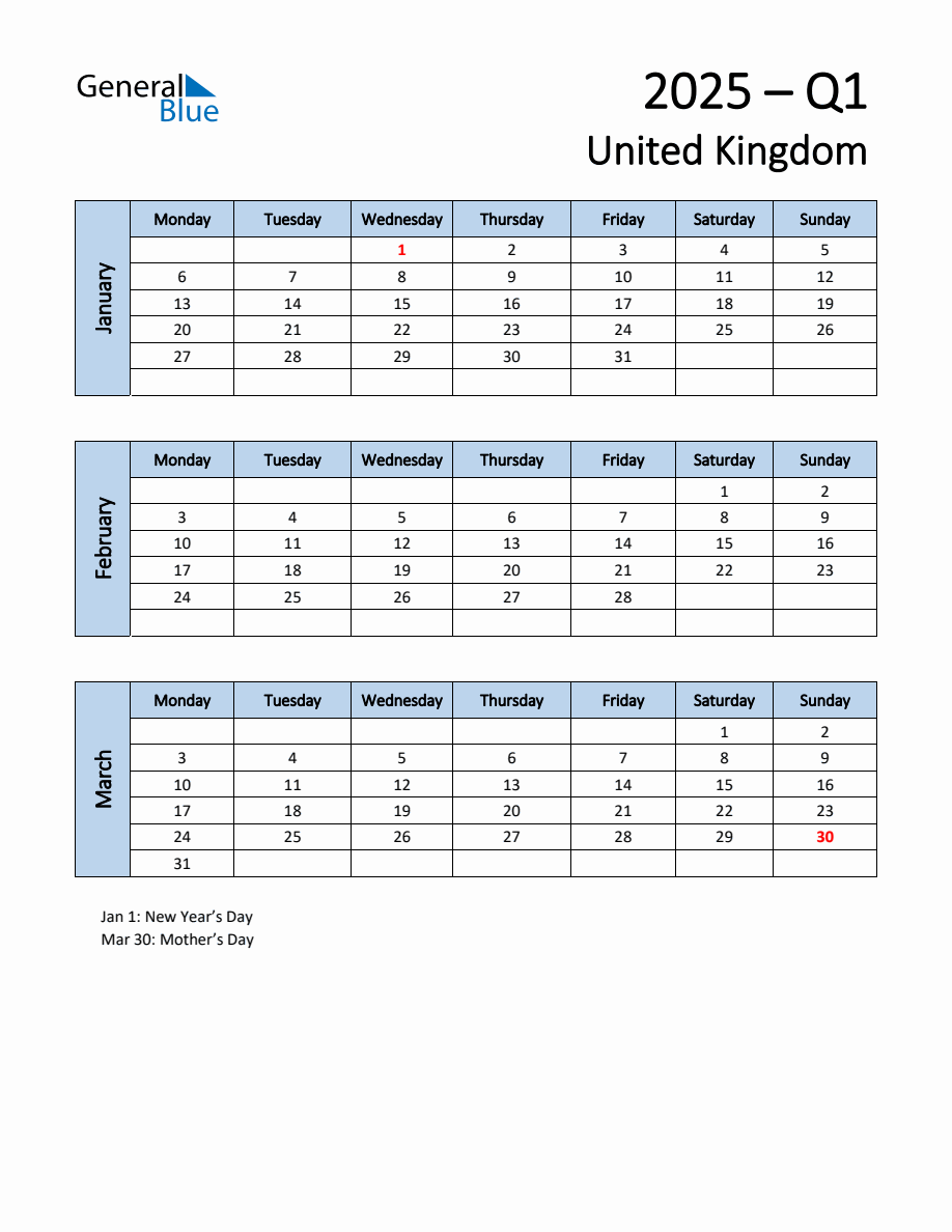 Free Q1 2025 Calendar for United Kingdom Monday Start