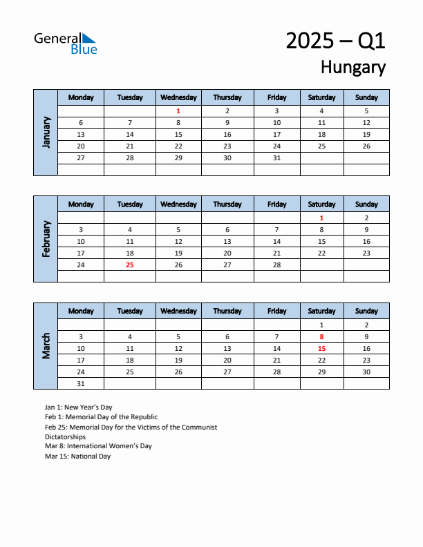 Free Q1 2025 Calendar for Hungary - Monday Start