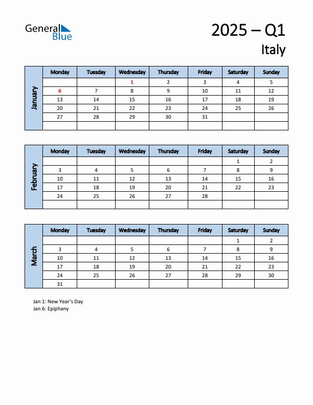 Threemonth calendar for Italy Q1 of 2025