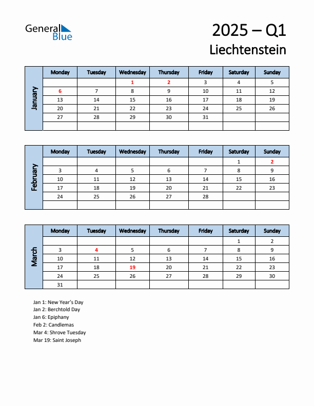 Free Q1 2025 Calendar for Liechtenstein - Monday Start