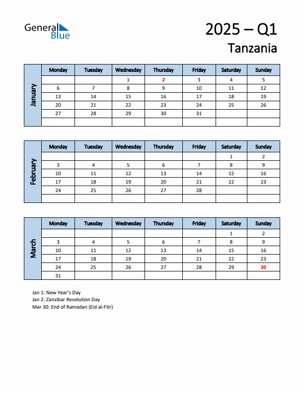 Free Q1 2025 Calendar for Tanzania - Monday Start