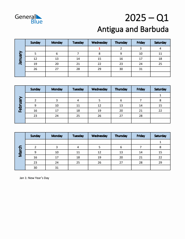 Free Q1 2025 Calendar for Antigua and Barbuda - Sunday Start