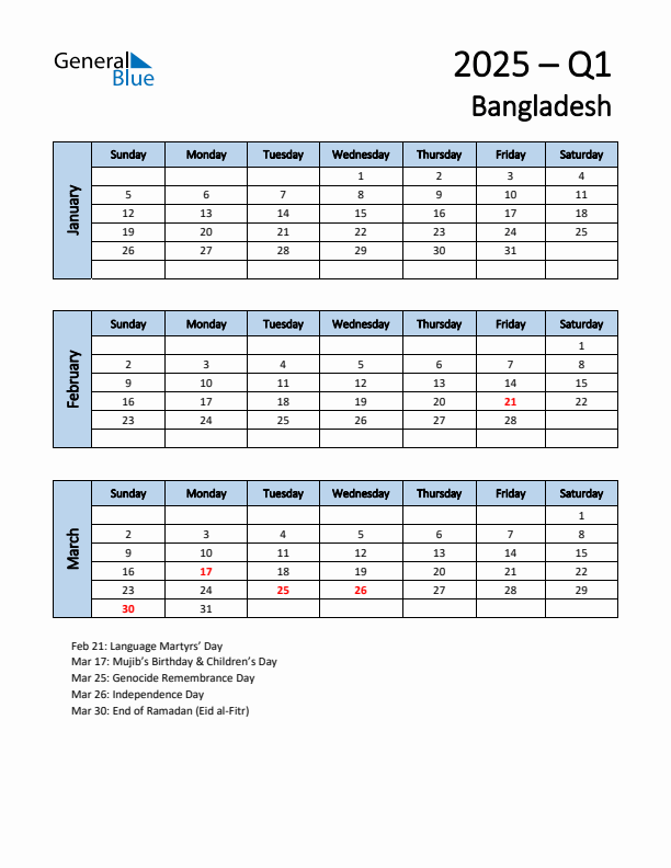 Free Q1 2025 Calendar for Bangladesh - Sunday Start