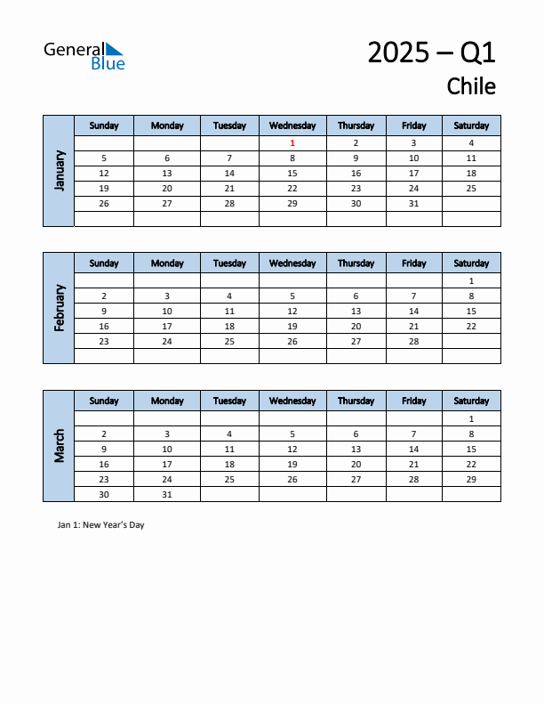 Free Q1 2025 Calendar for Chile - Sunday Start