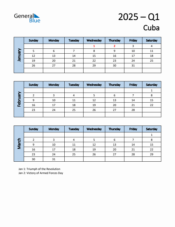 Free Q1 2025 Calendar for Cuba - Sunday Start