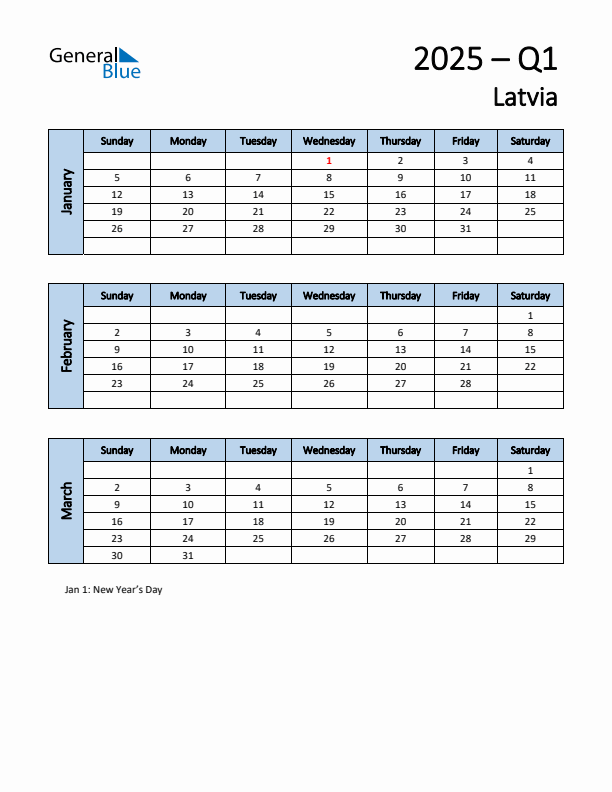 Free Q1 2025 Calendar for Latvia - Sunday Start
