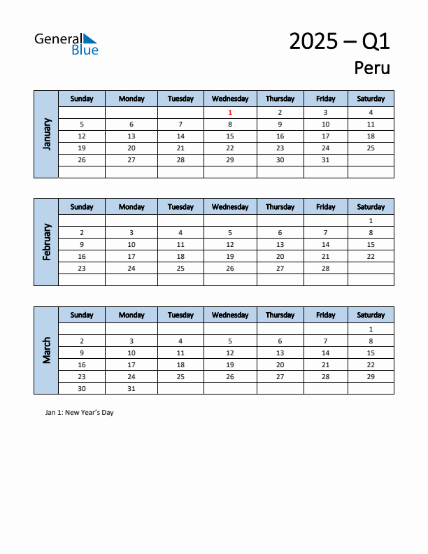 Free Q1 2025 Calendar for Peru - Sunday Start