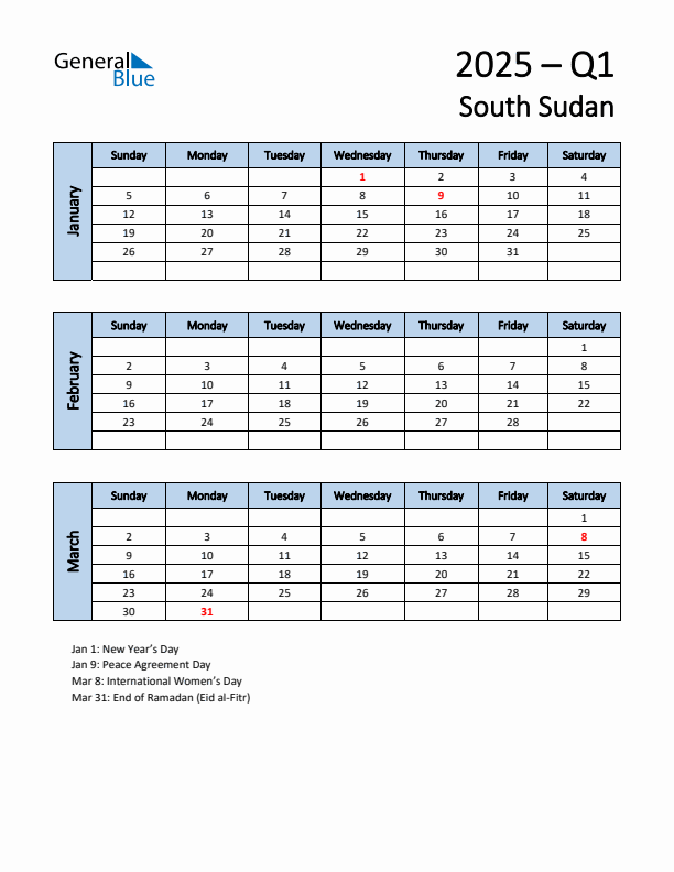 Free Q1 2025 Calendar for South Sudan - Sunday Start
