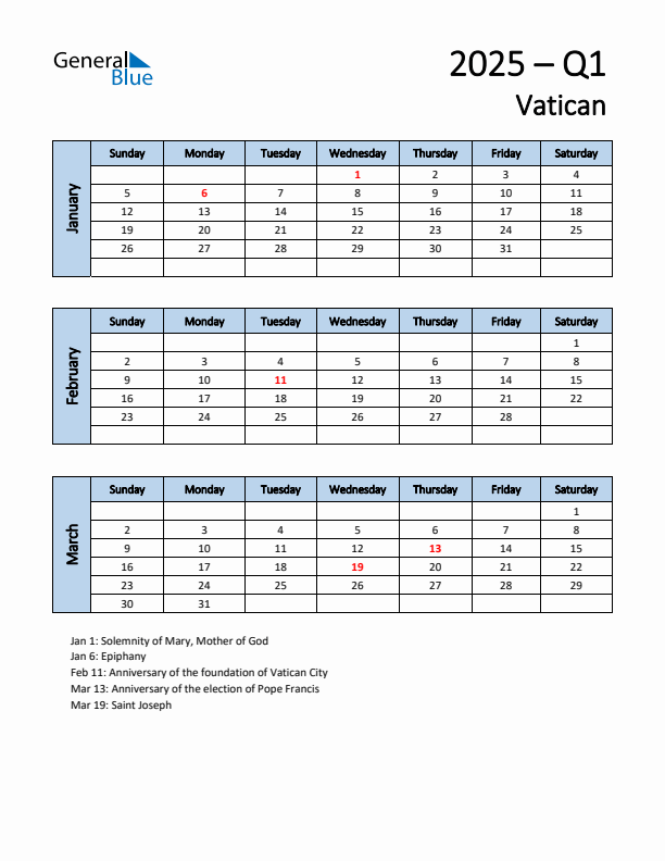 Free Q1 2025 Calendar for Vatican - Sunday Start