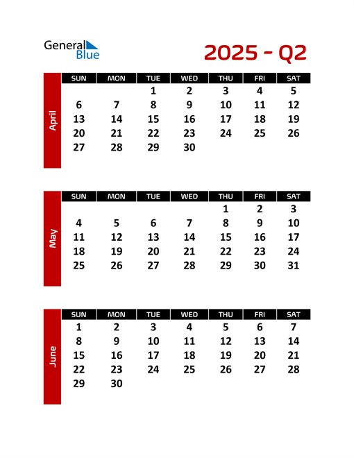 Q2 2025 Quarterly Calendar (PDF Word Excel)