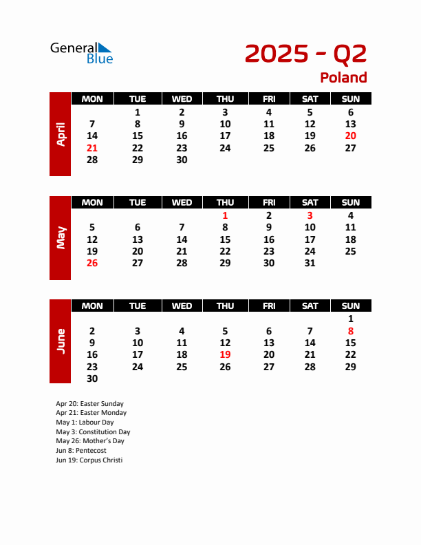 Q2 2025 Monday Start Quarterly Calendar with Poland Holidays