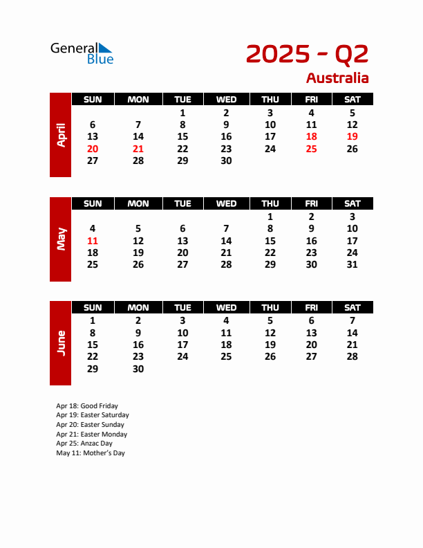 Q2 2025 Quarterly Calendar with Australia Holidays