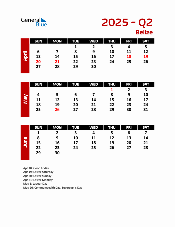 Q2 2025 Quarterly Calendar with Belize Holidays