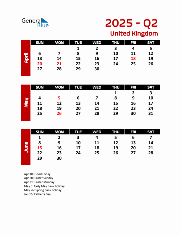 Q2 2025 Quarterly Calendar with United Kingdom Holidays (PDF, Excel, Word)