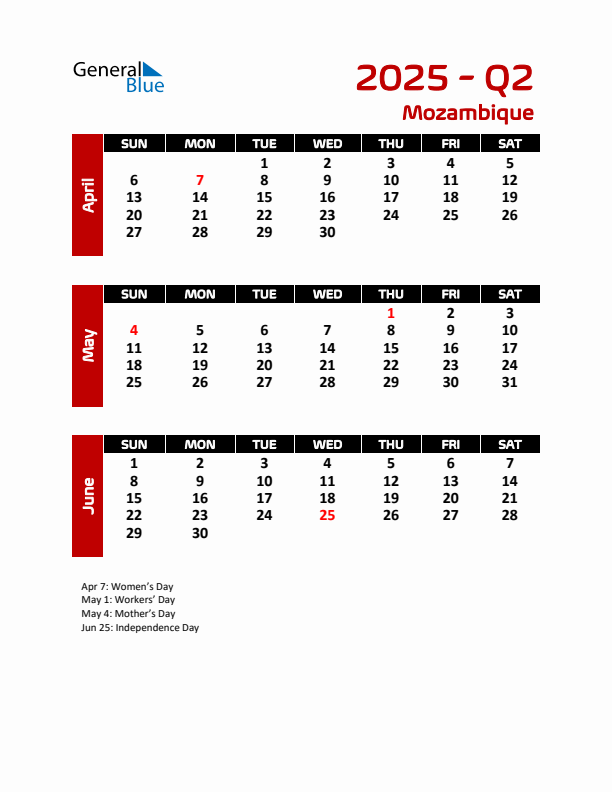 Q2 2025 Quarterly Calendar with Mozambique Holidays (PDF, Excel, Word)