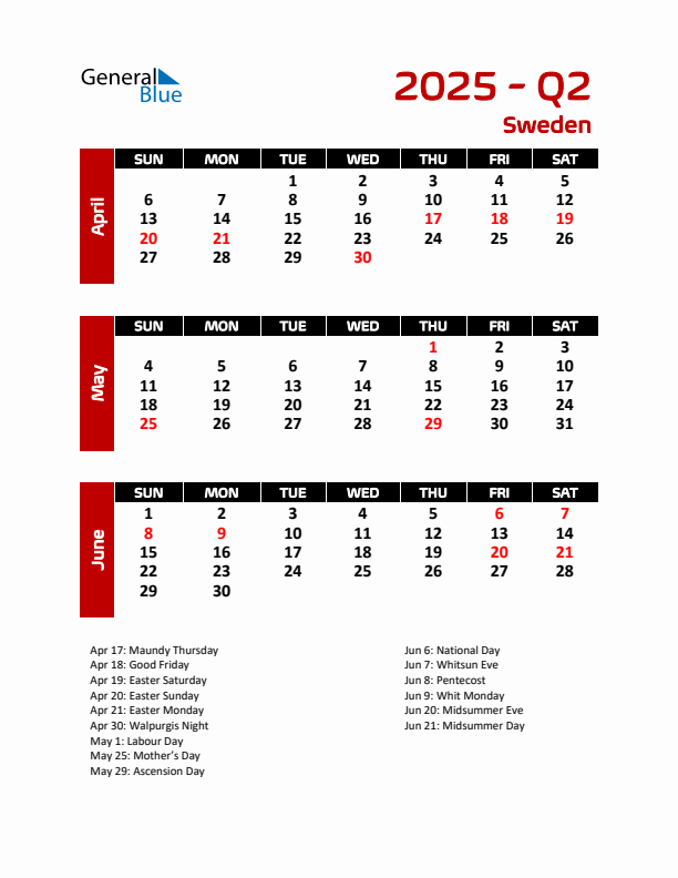 Q2 2025 Calendar with Holidays