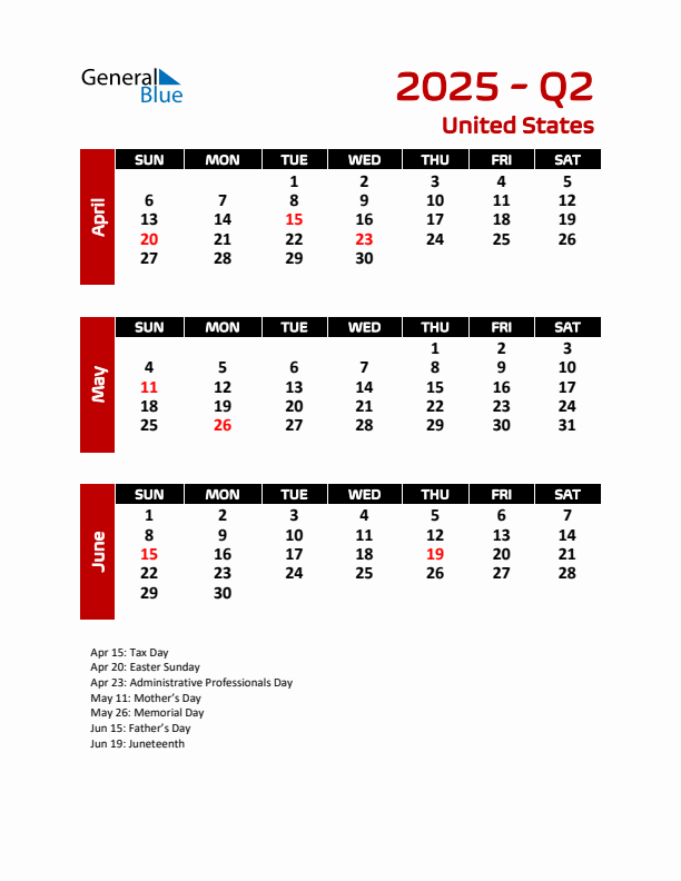 Q2 2025 Quarterly Calendar with United States Holidays (PDF, Excel, Word)
