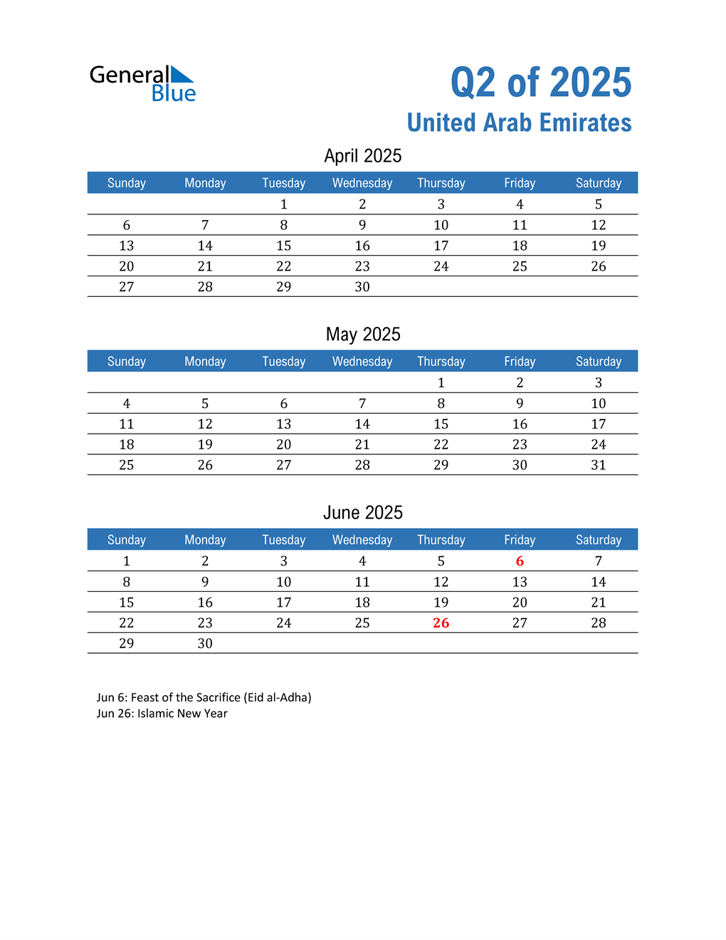  United Arab Emirates 2025 Quarterly Calendar 