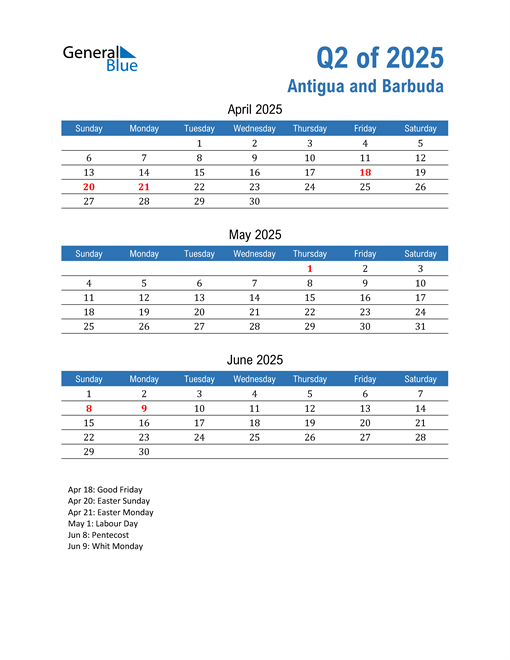  Antigua and Barbuda 2025 Quarterly Calendar 