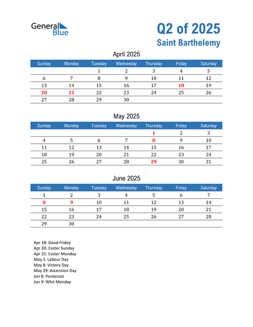  Saint Barthelemy 2025 Quarterly Calendar 