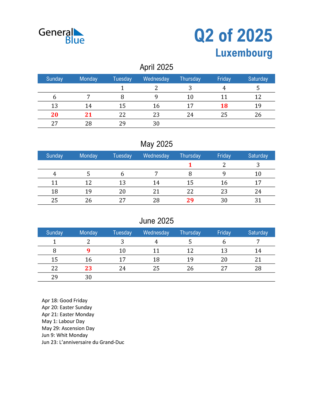  Luxembourg 2025 Quarterly Calendar 