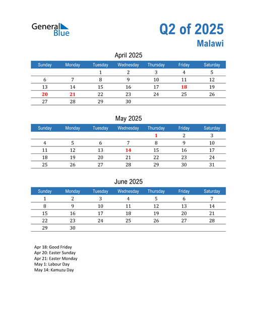  Malawi 2025 Quarterly Calendar 