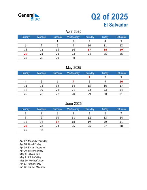  El Salvador 2025 Quarterly Calendar 