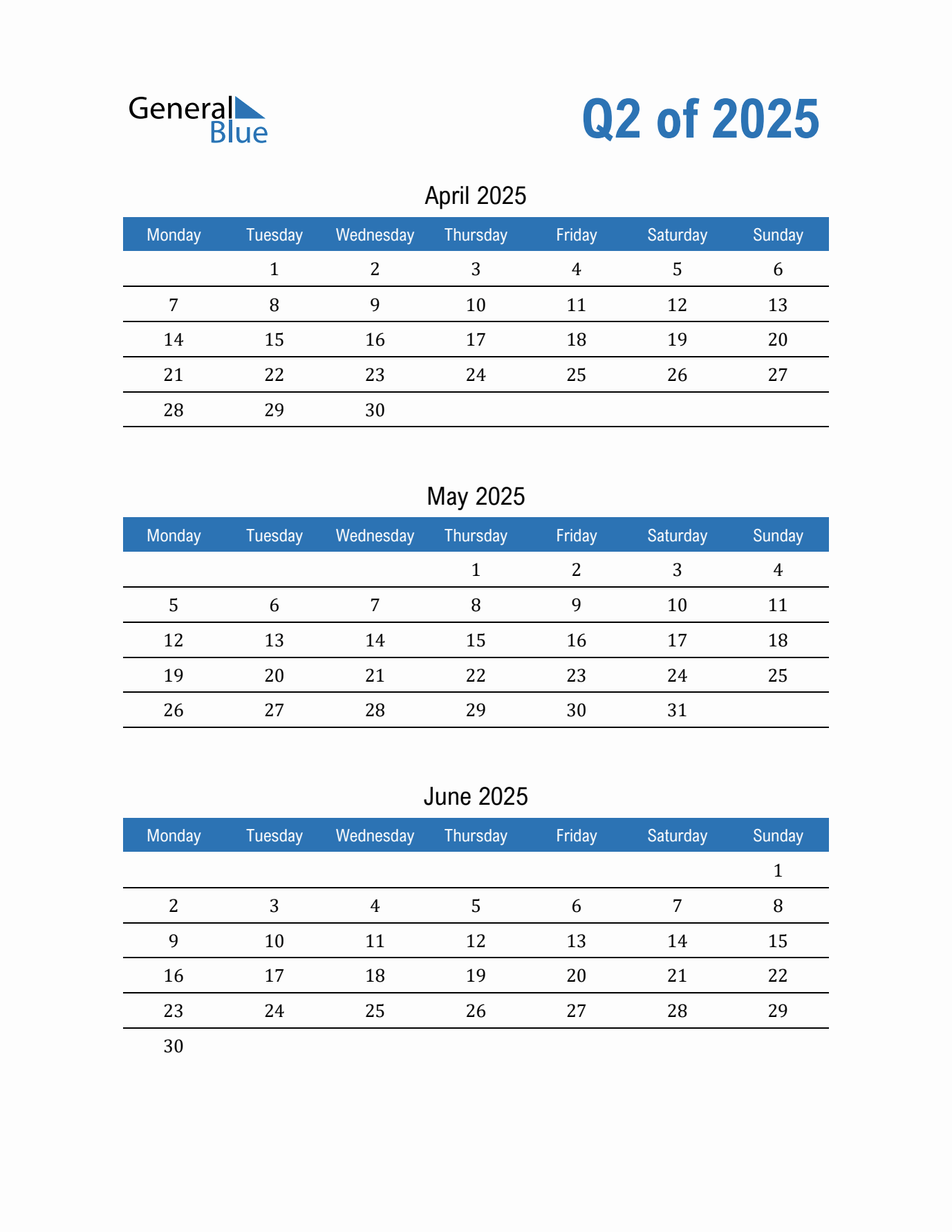 ThreeMonth Calendar Q2 2025