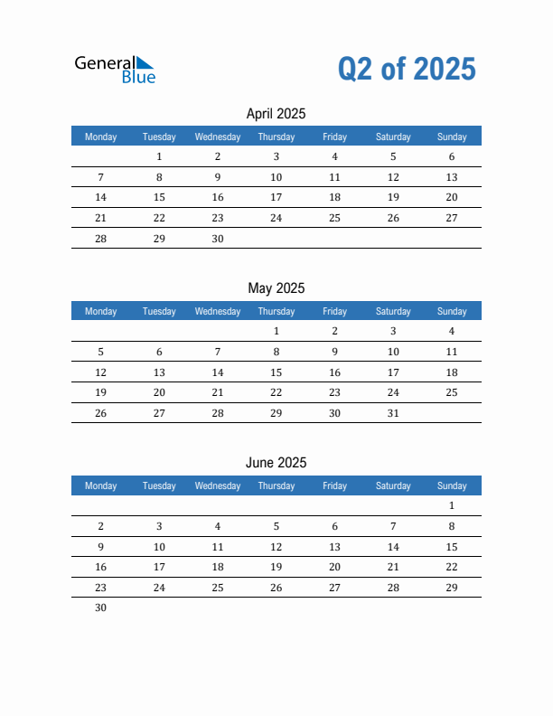 Fillable Quarterly Calendar for Q2 2025