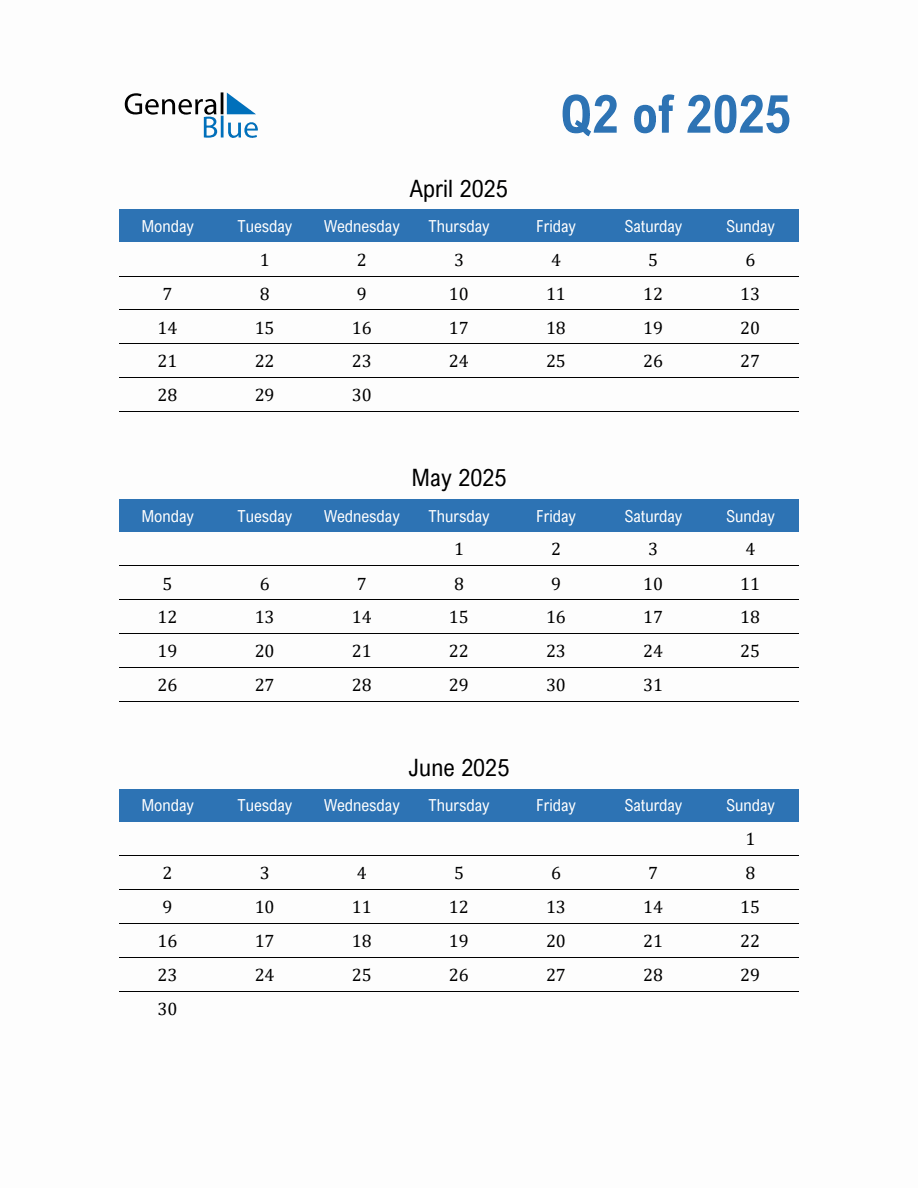 Blank Fillable Quarterly Calendar for Q2 2025 (PDF, Word, Excel)