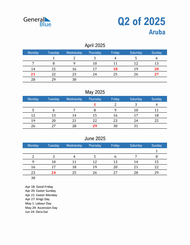 Aruba 2025 Quarterly Calendar with Monday Start