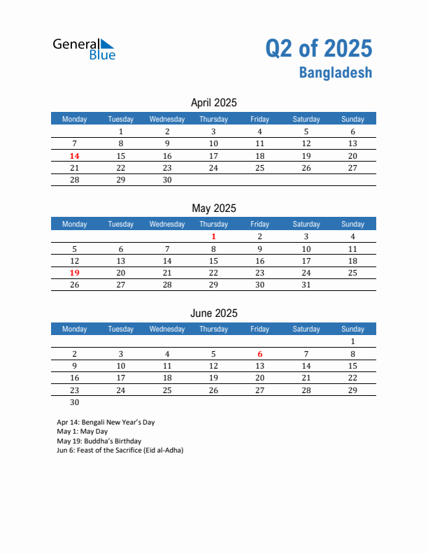 Bangladesh 2025 Quarterly Calendar with Monday Start